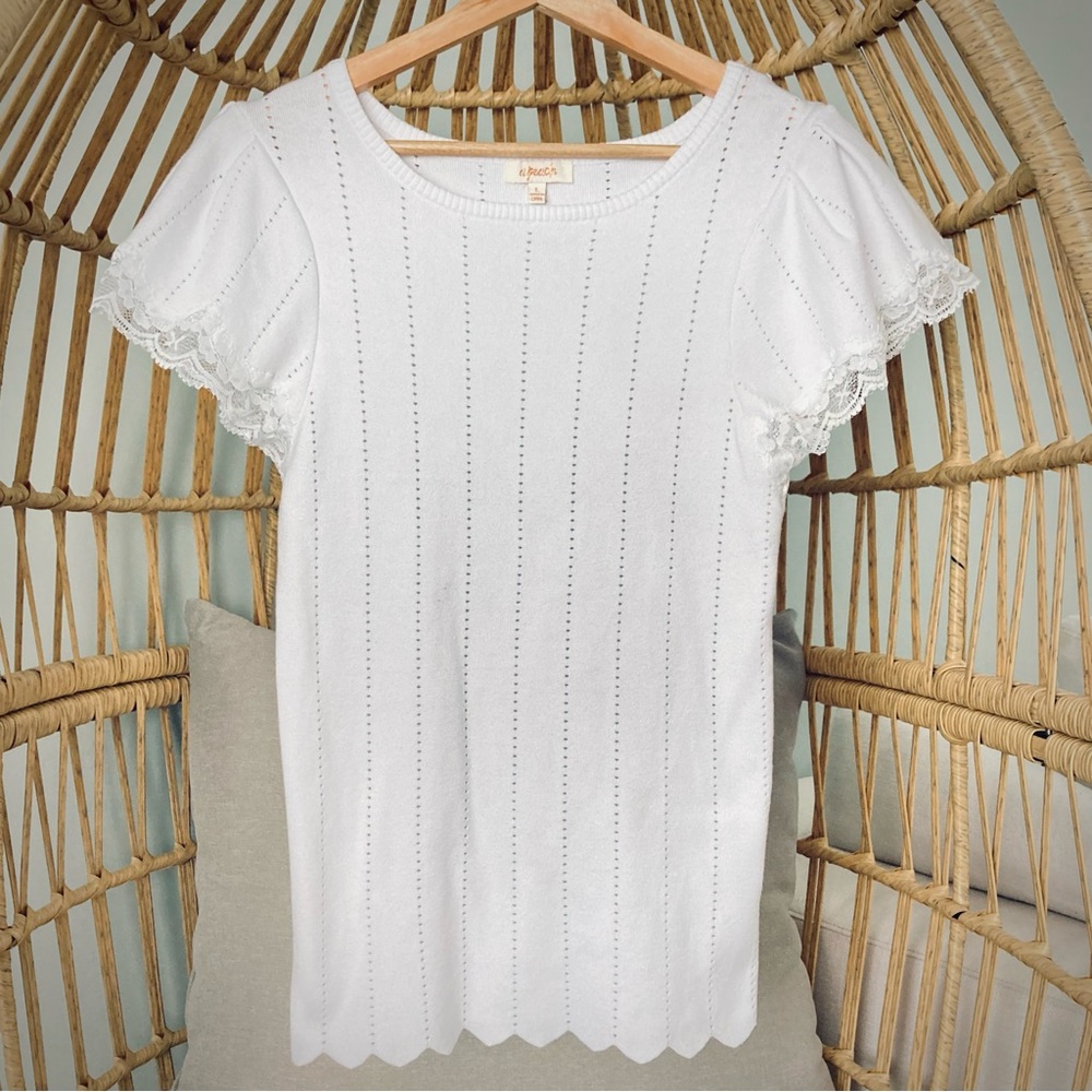 🍑A Peach White Pointelle Tee Lace Flutter Sleeve Top Scalloped Bottom Size L